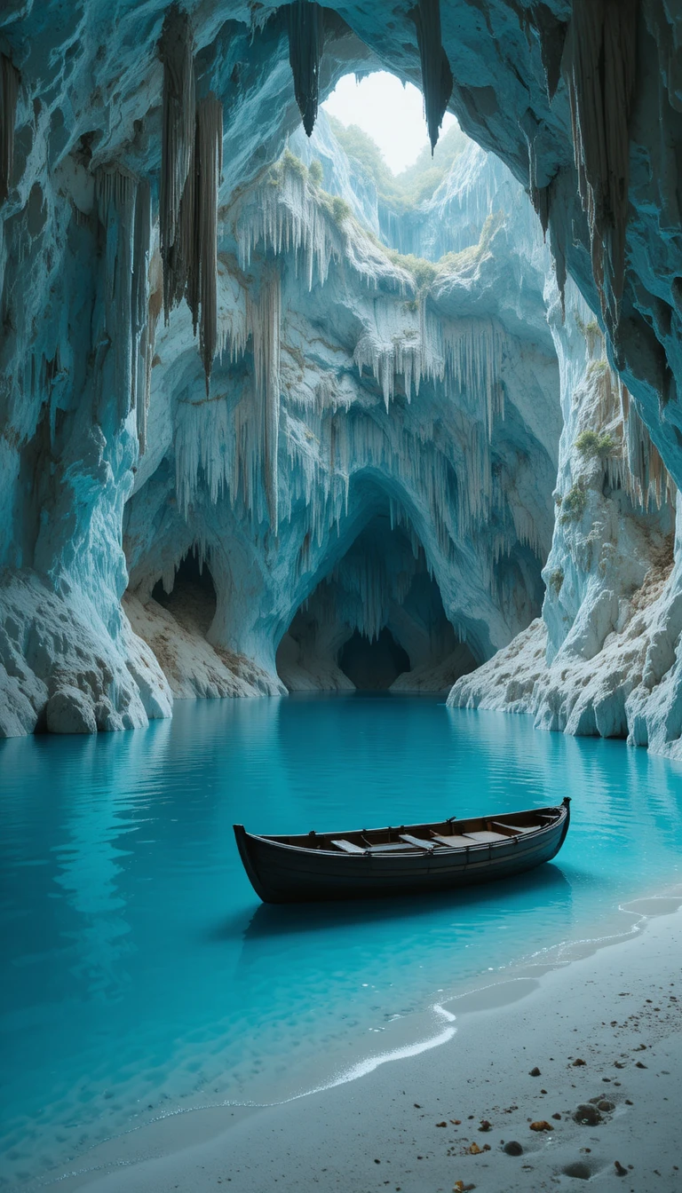 Tranquil cave lake with rowboat and glowing stalactites