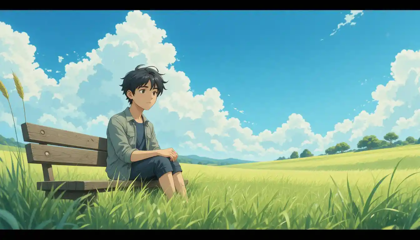 Young man on a bench in a calm countryside meadow