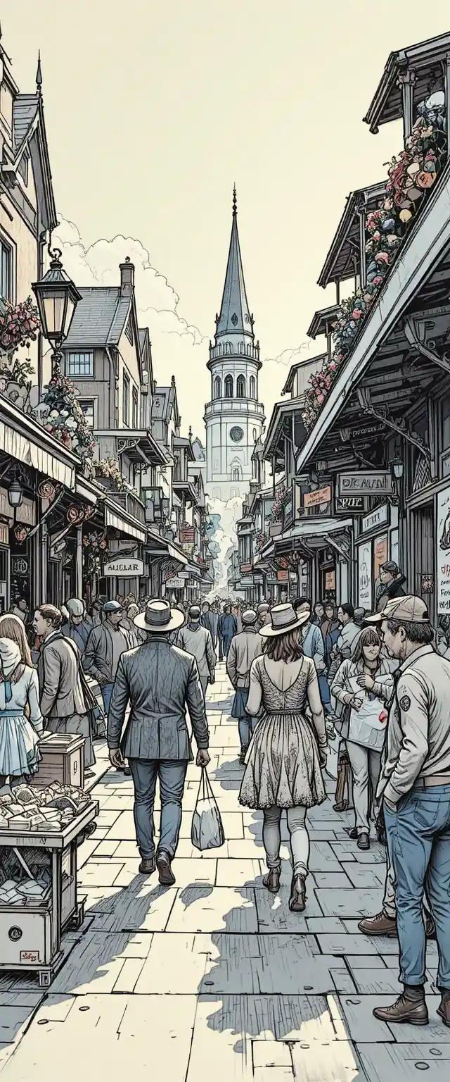 Veduta aerea a fumetto del mercato di strada nel French Quarter all’alba