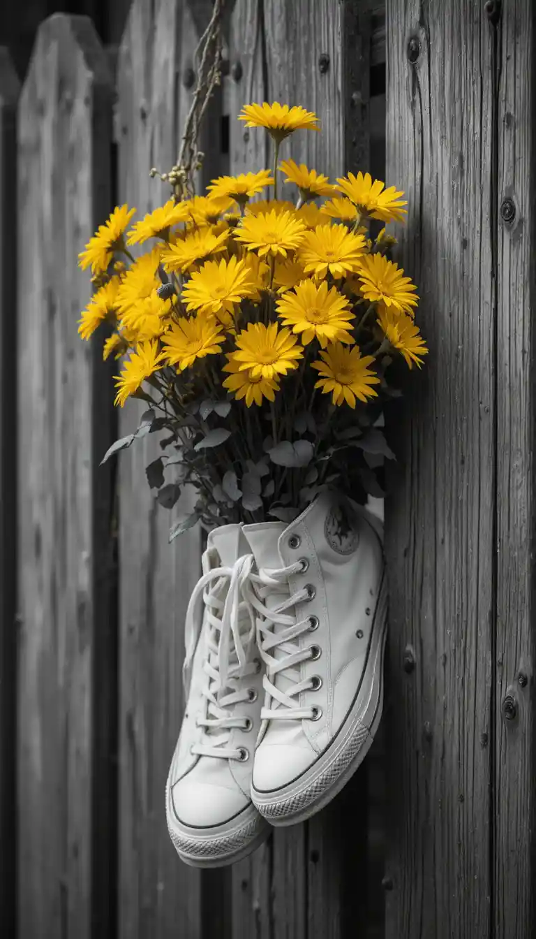 Fiori gialli in sneakers bianche appesi alla staccionata di legno