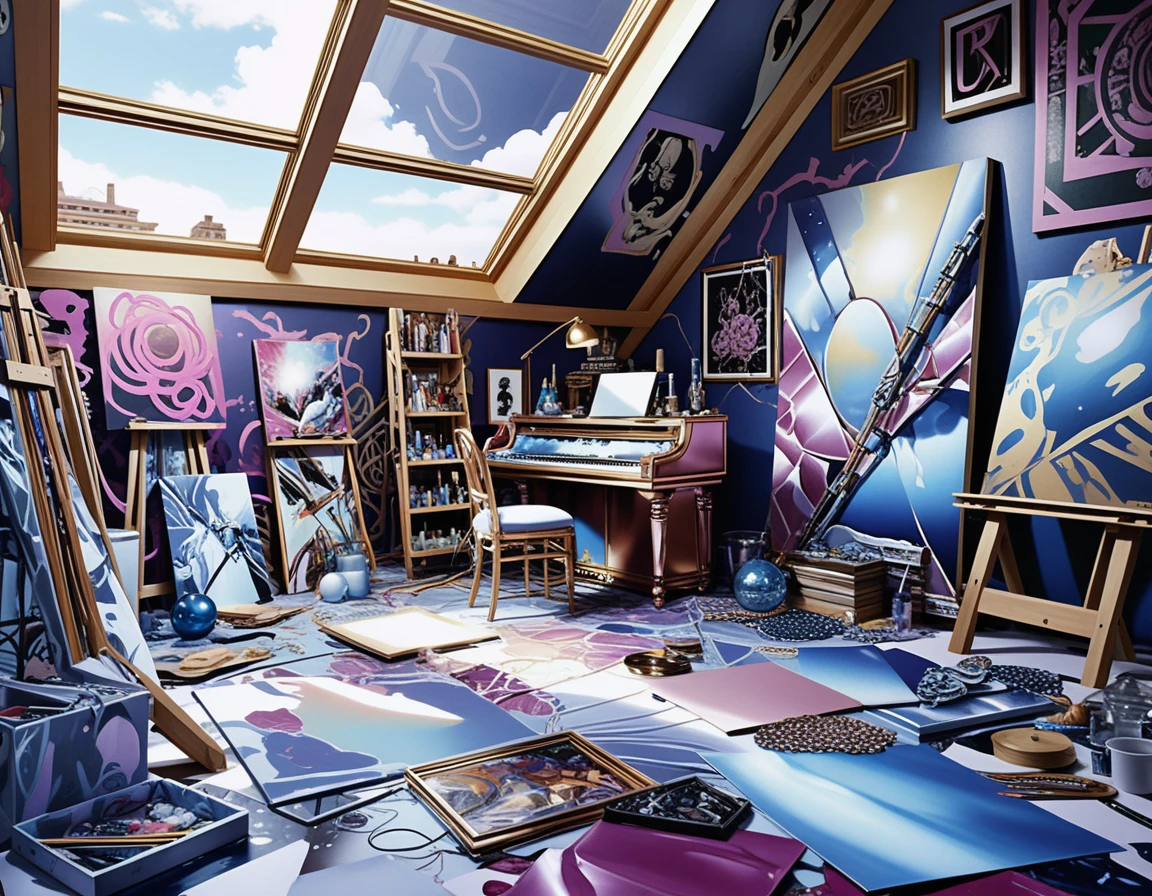 Eklektisches Kunststudio mit leuchtenden Kristallen und Leinwand