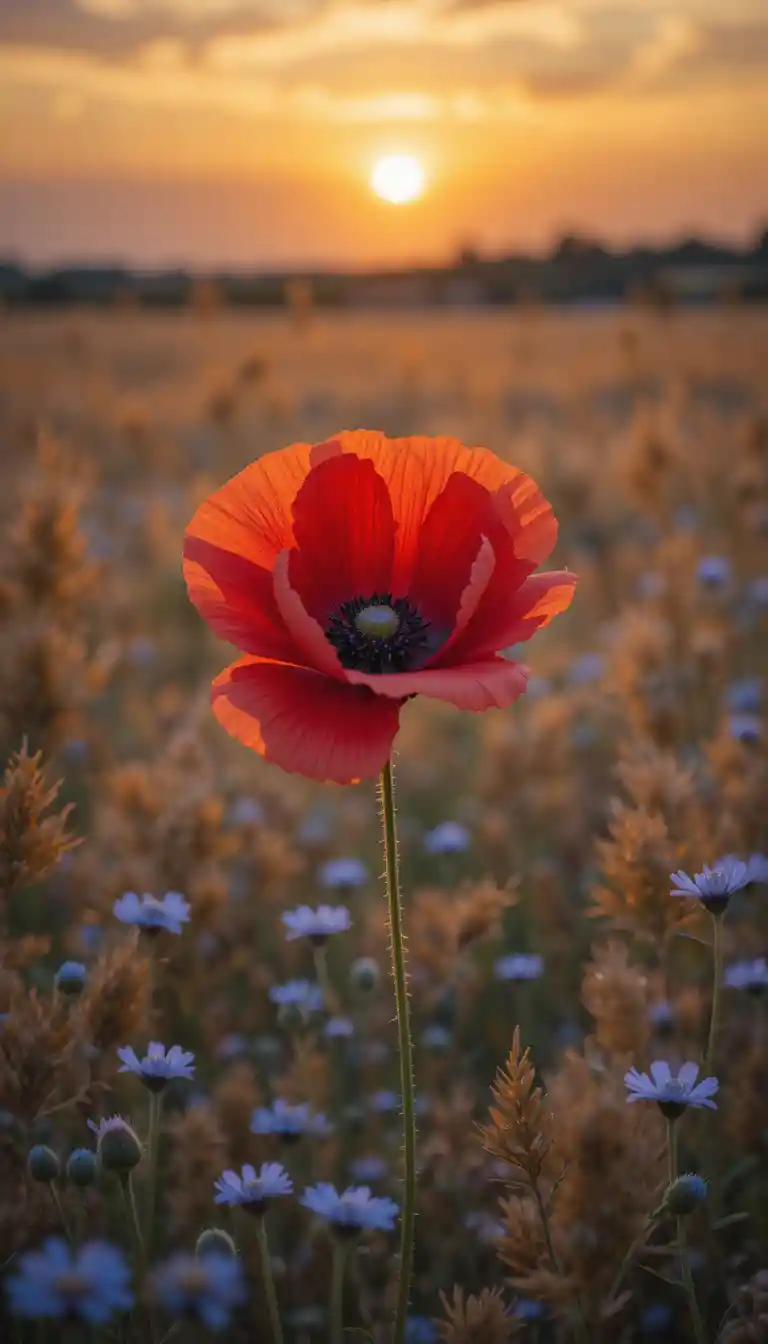Papavero rosso in fiore in un prato dorato di fiori selvatici al tramonto