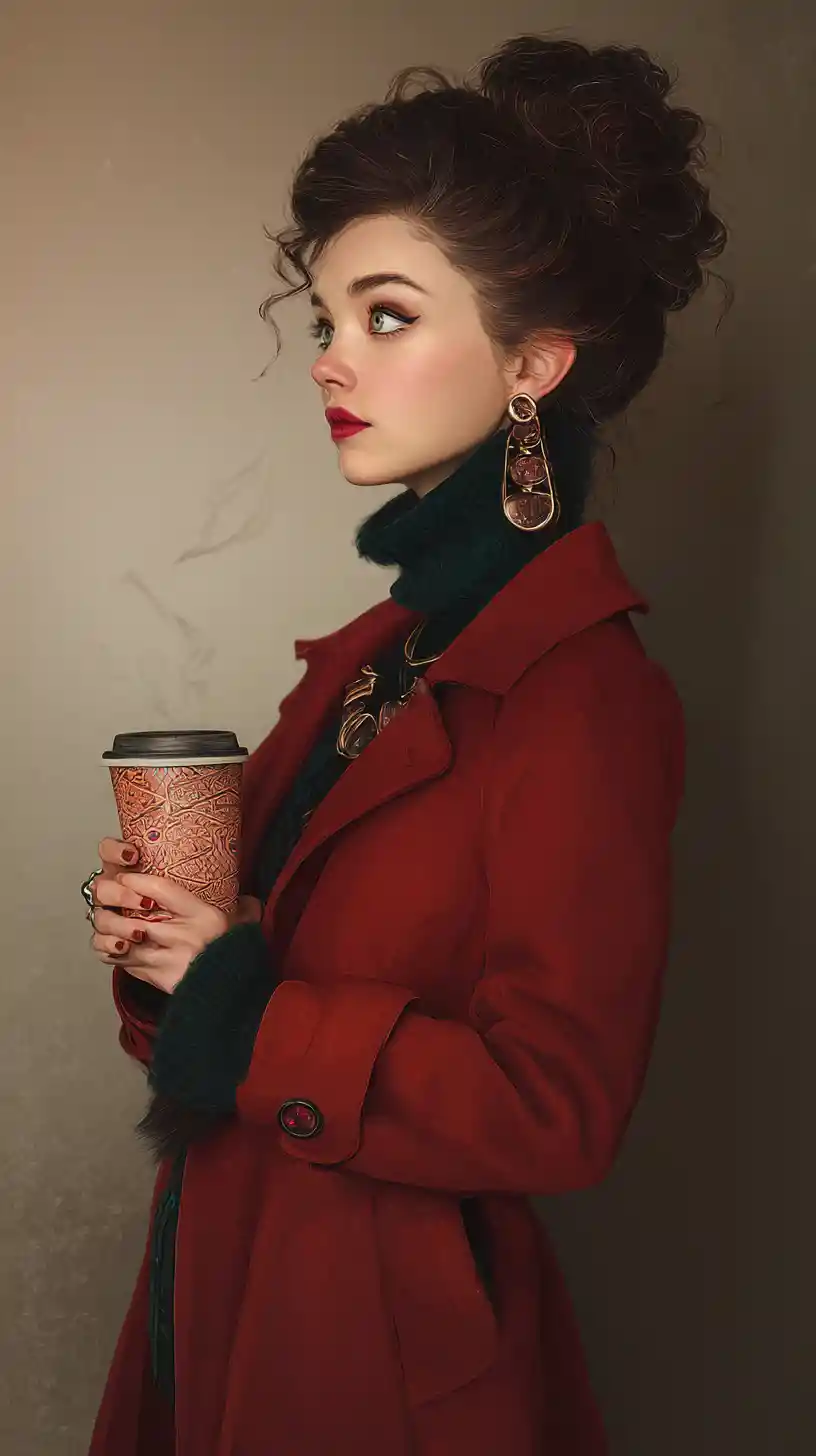 Arcane inspired woman in elegant winter fashion with coffee