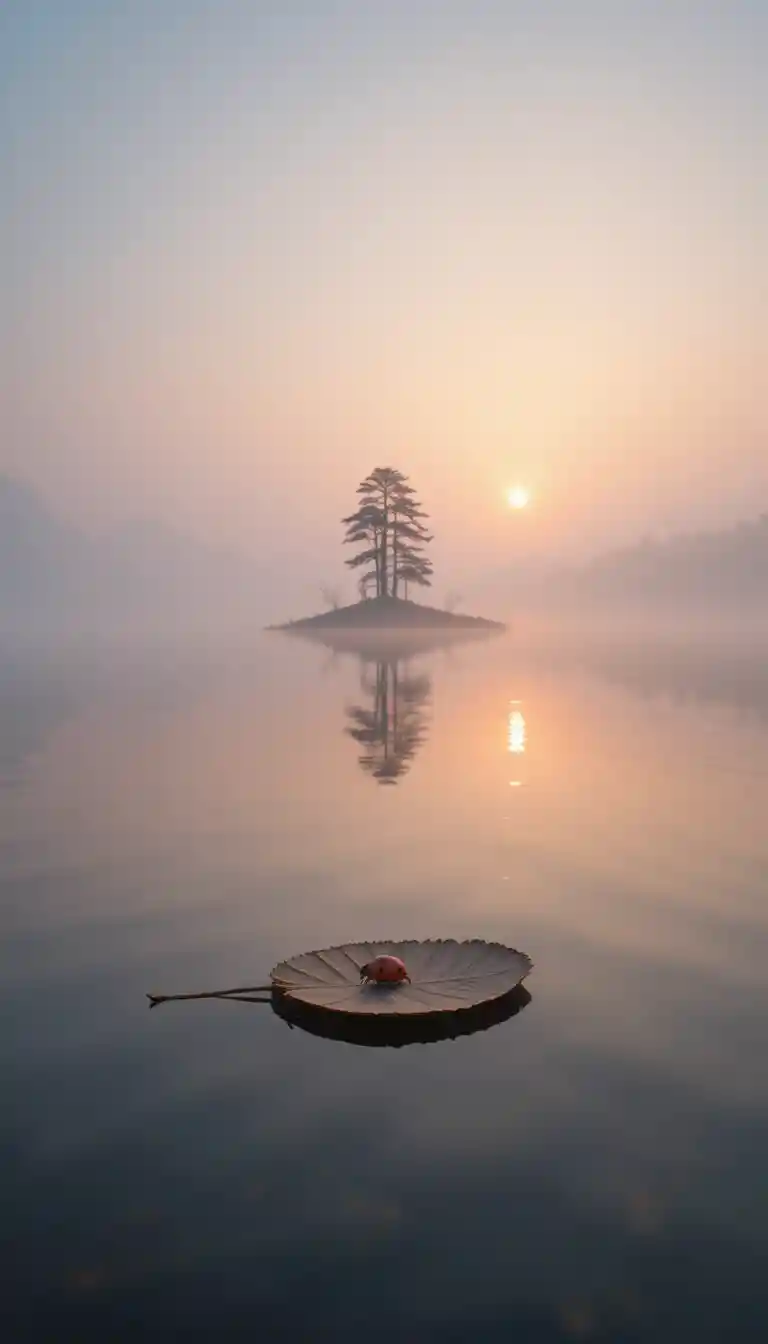 Minuscule coccinelle rouge sur un lac brumeux à l’aube