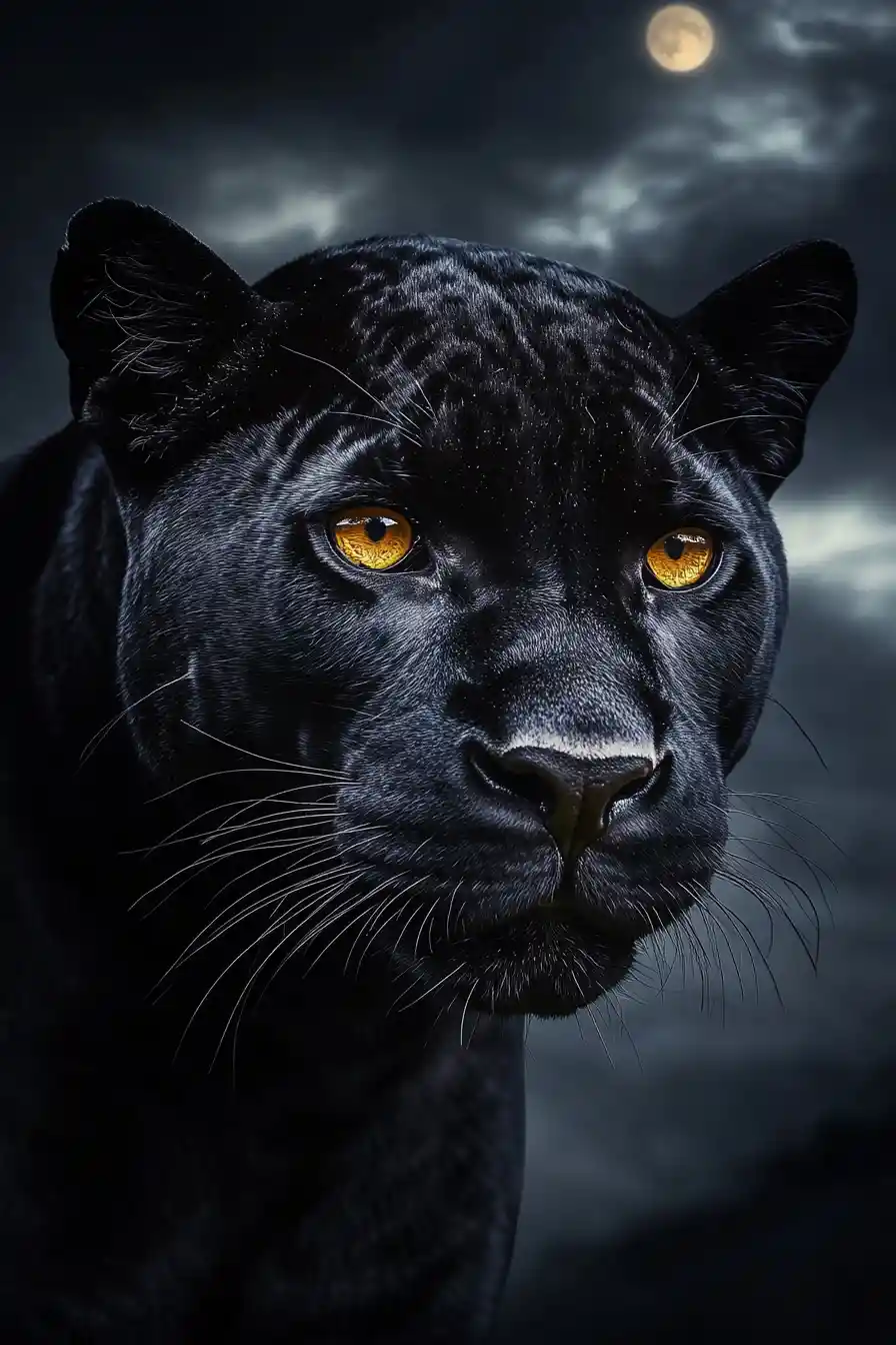Black panther close up under a moody moonlit sky