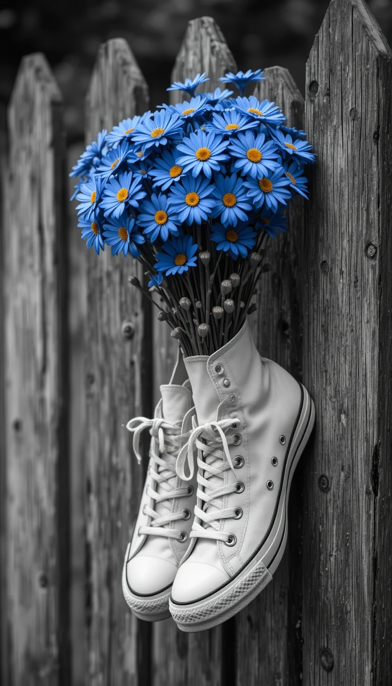 Sneakers bianche e nere con fiori appese a una staccionata di legno