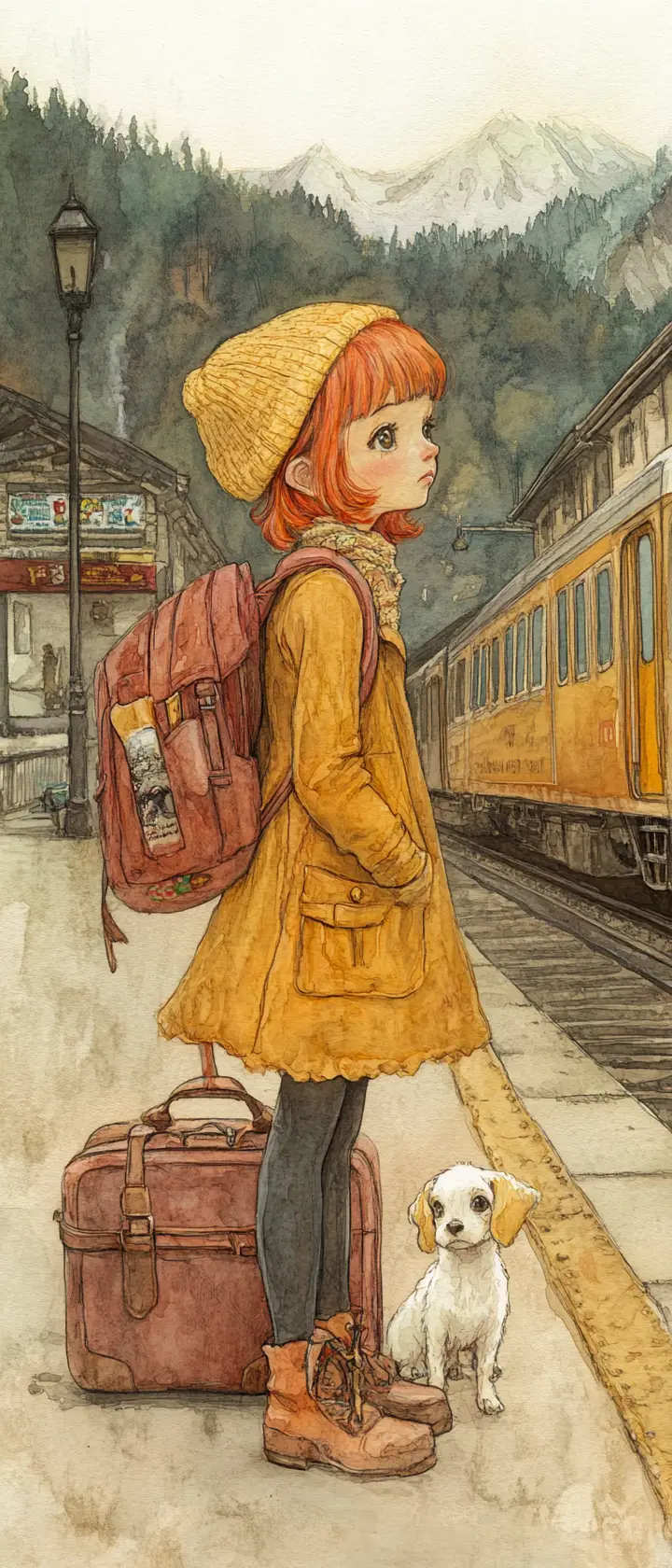 Girl with suitcase and dog at colorful train station