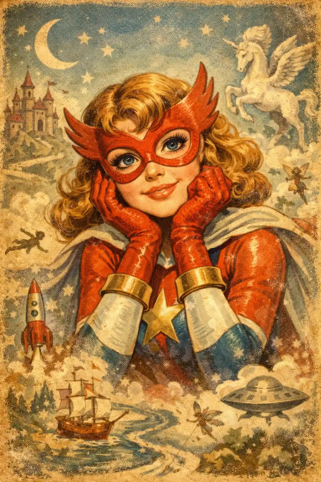 Vintage-Superheldin in einer verspielten, traumhaften Fantasieszene