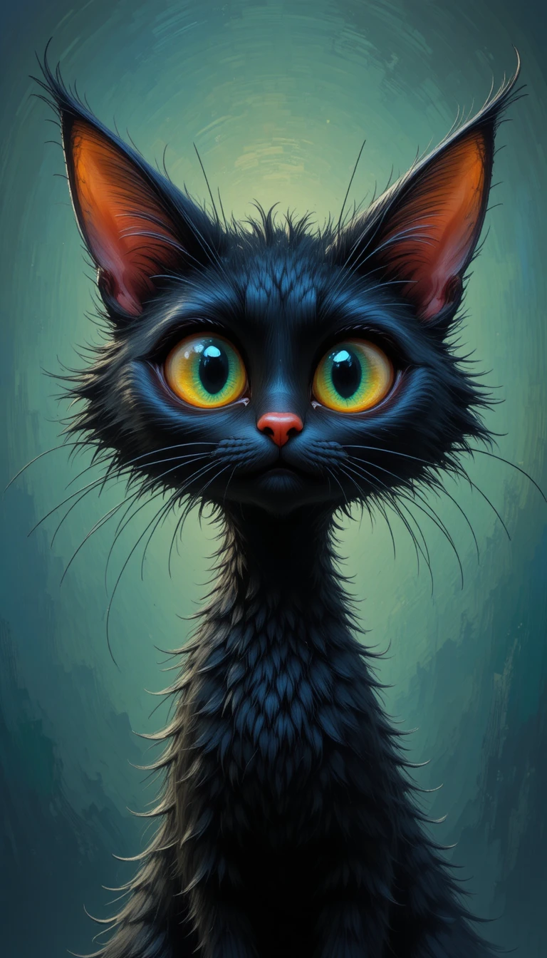 Gato preto cartunesco com grandes olhos expressivos e ar divertido