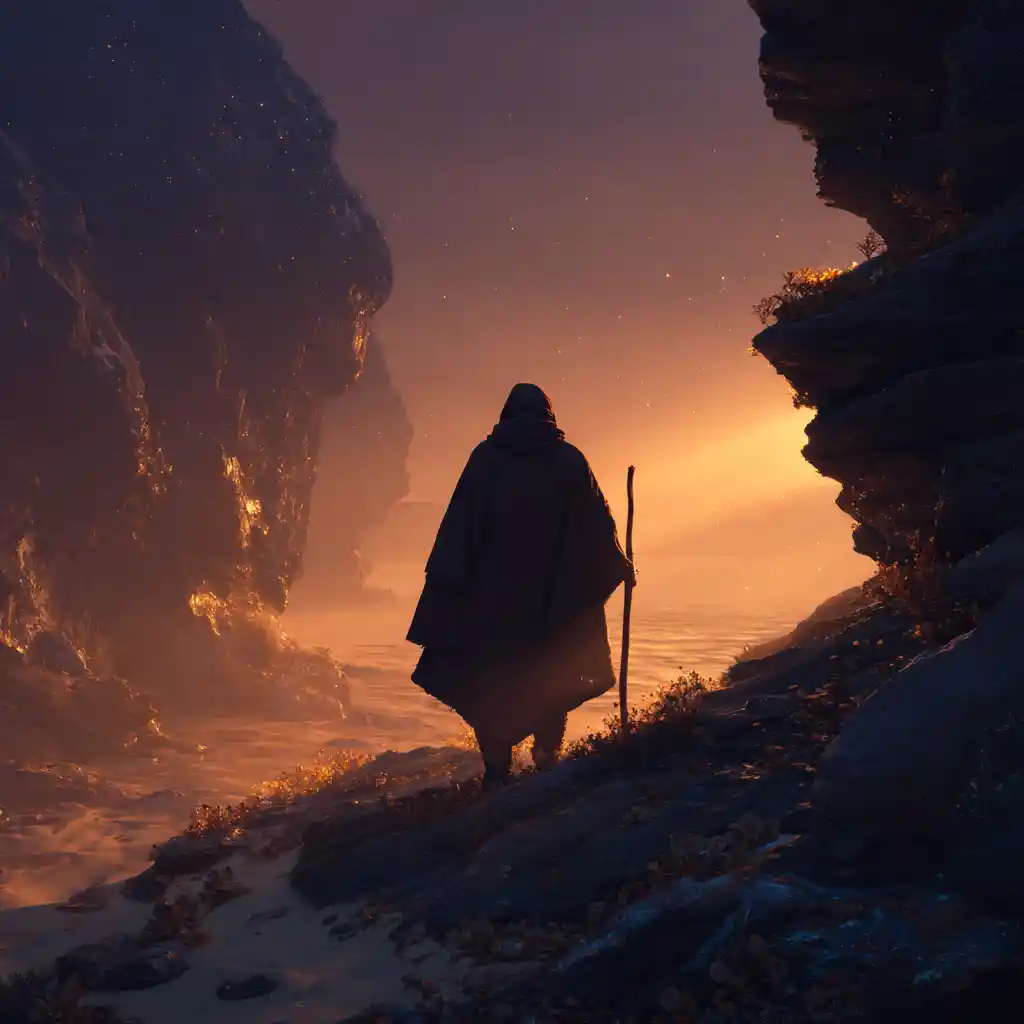 Lone Traveler On Windy Cliff At Dusk In Golden Light