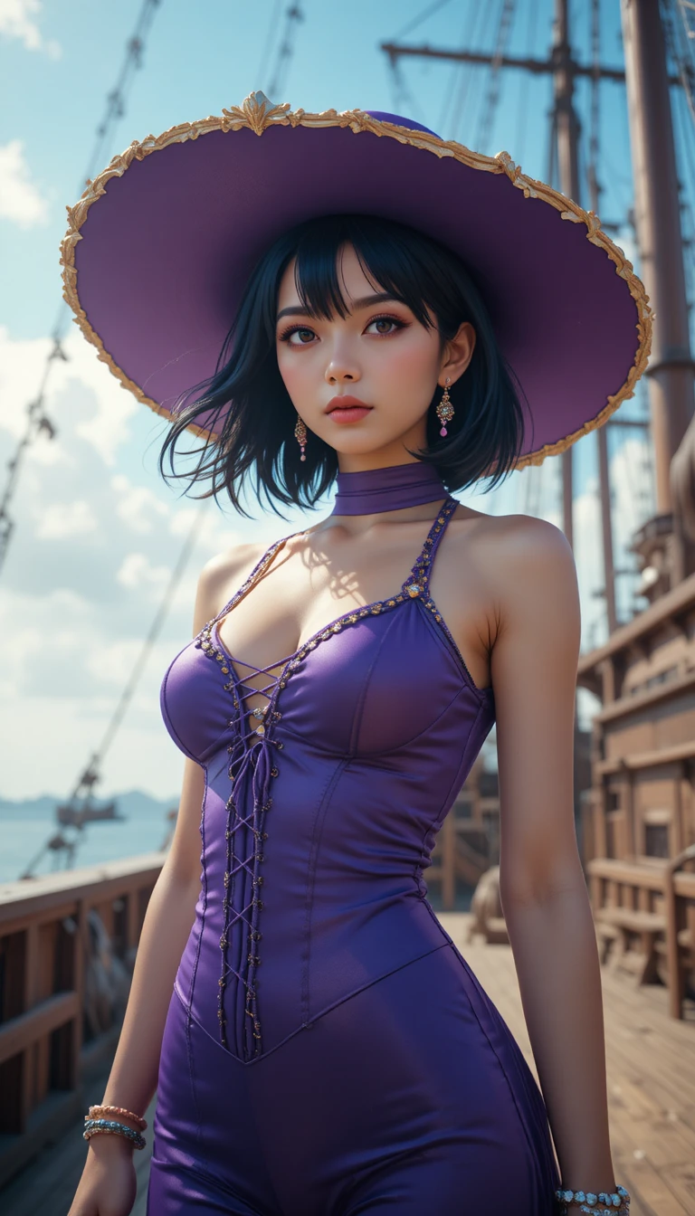 晴れた海賊船の甲板に立つ紫のエレガントな女性
