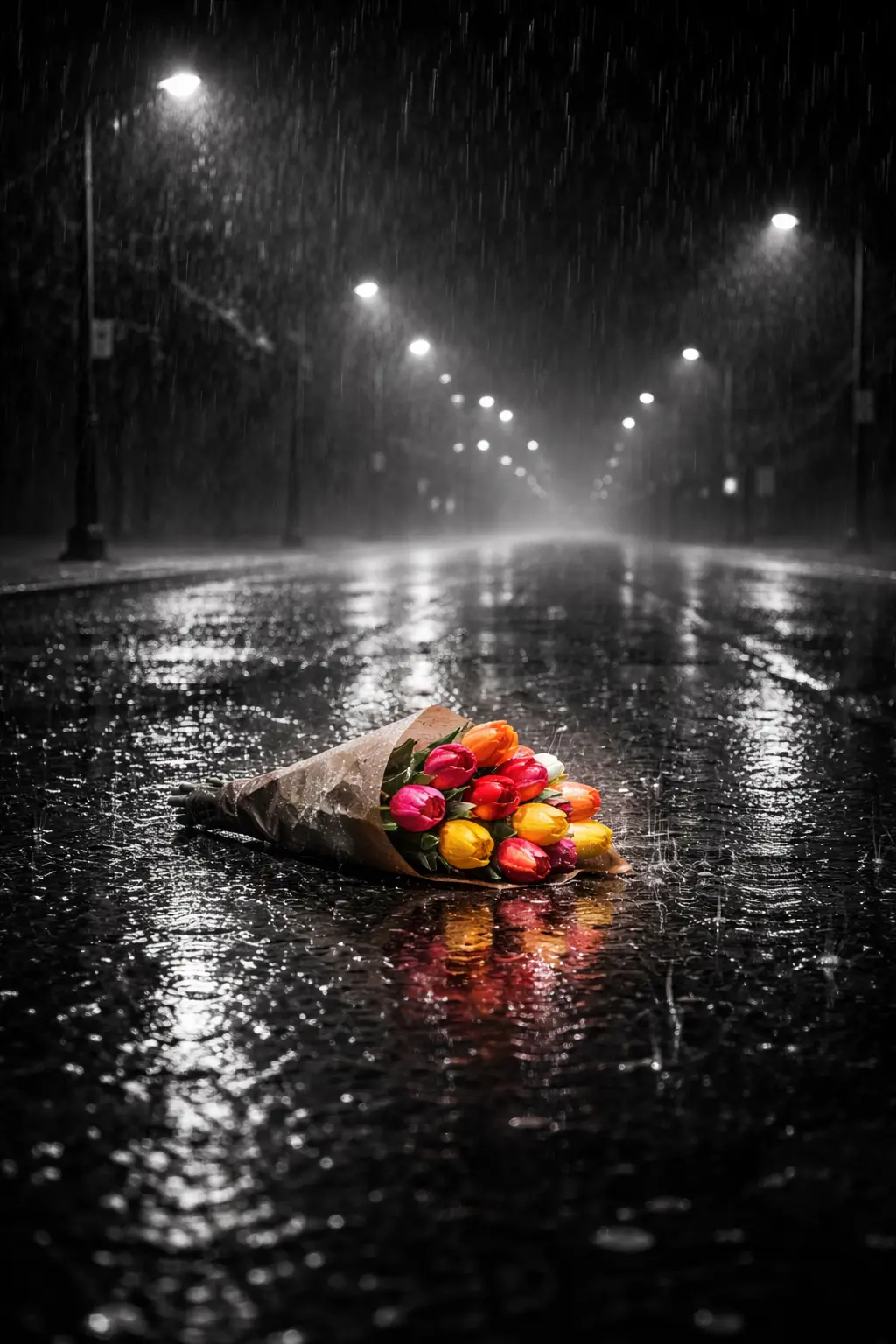 Color tulips glowing on a wet city street at night