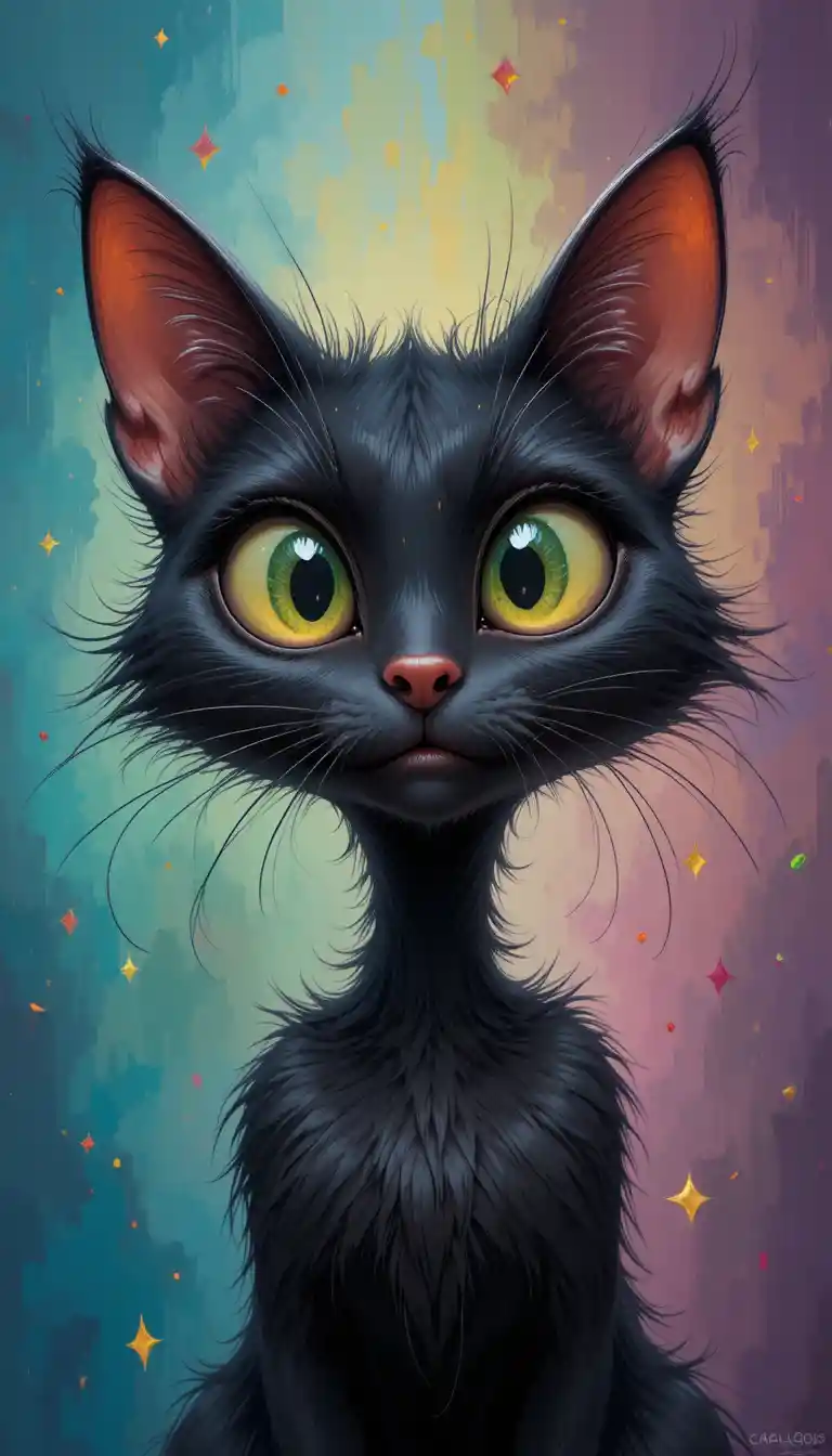 Whimsical black cartoon cat with big expressive eyes