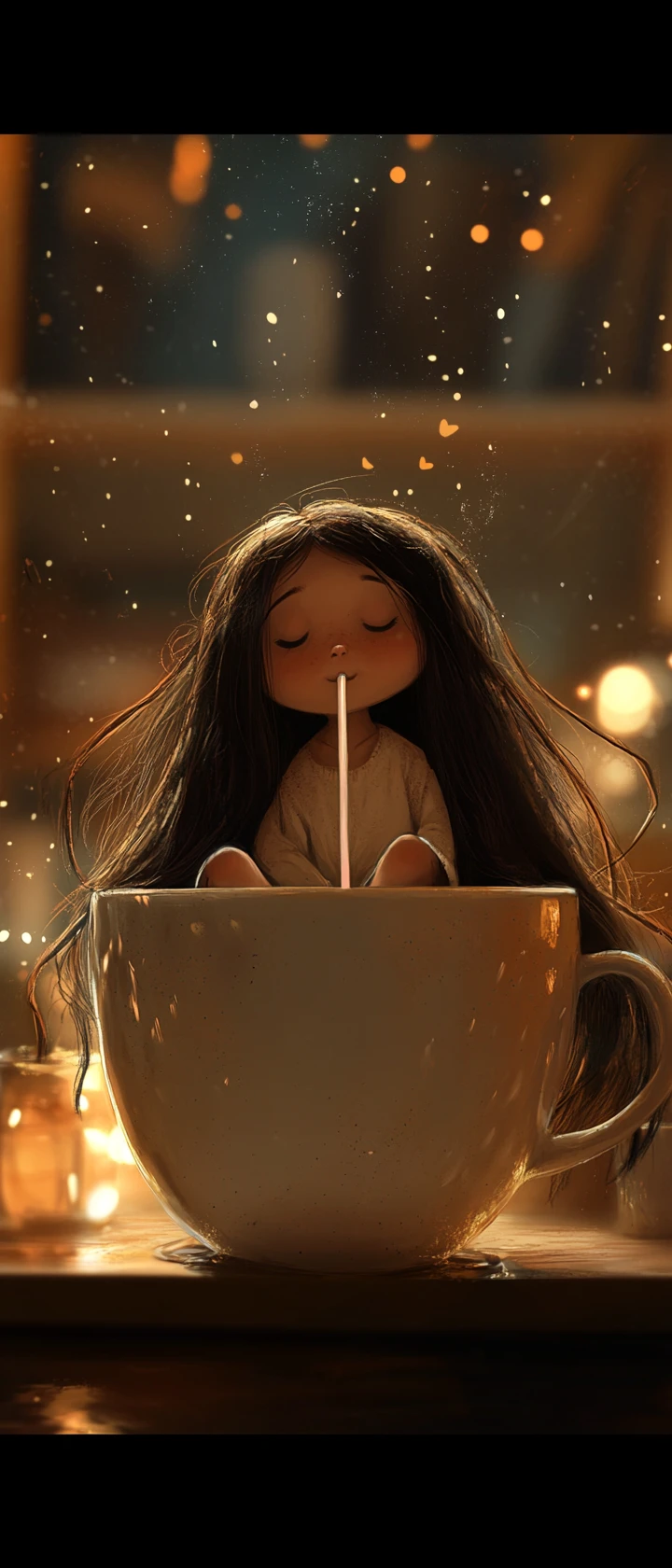 Tiny girl in giant coffee cup with oversized straw