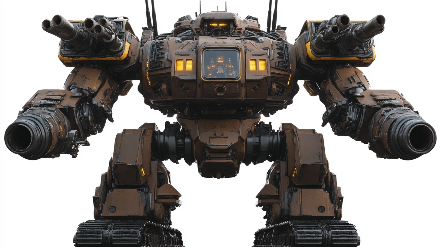 Mecha Pesadamente Blindado com Canhões nos Ombros e Cockpit de Piloto
