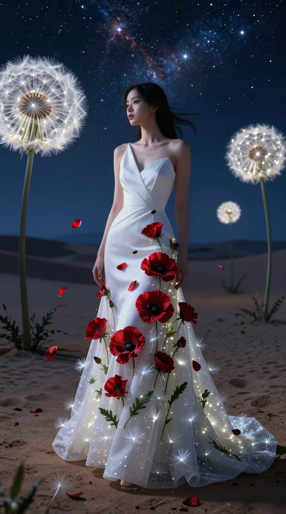 Donna in abito bianco in un deserto di soffioni luminosi