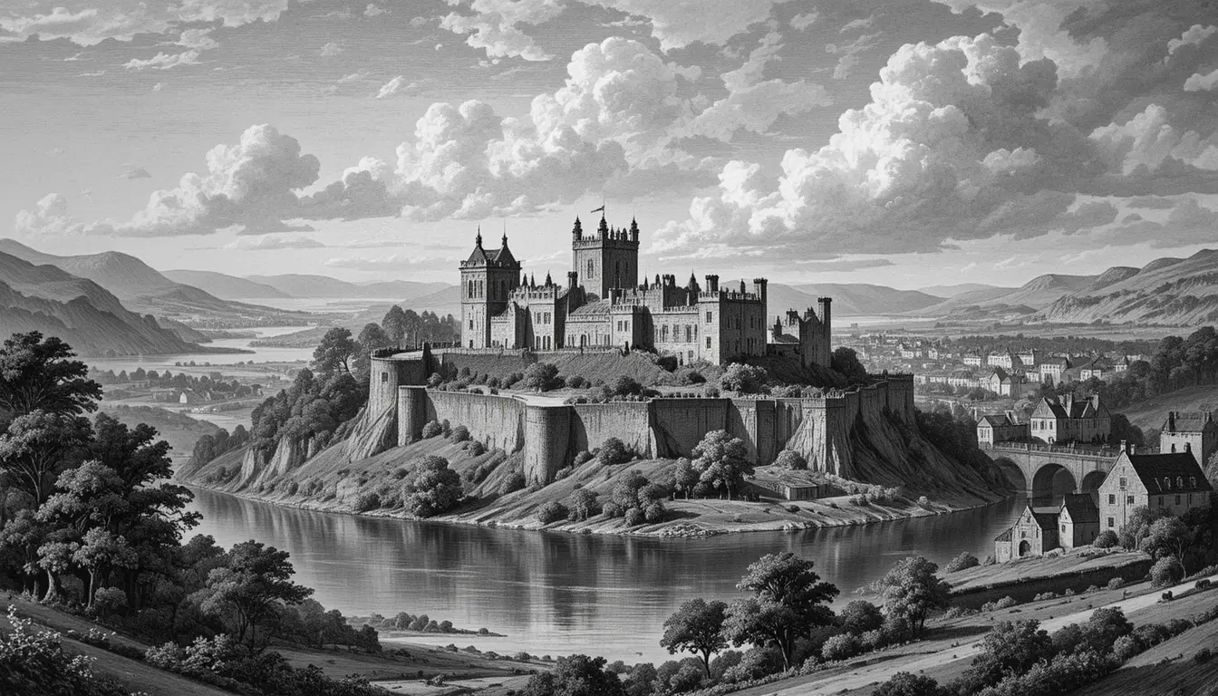 Historic Scottish castle above river and town in etching