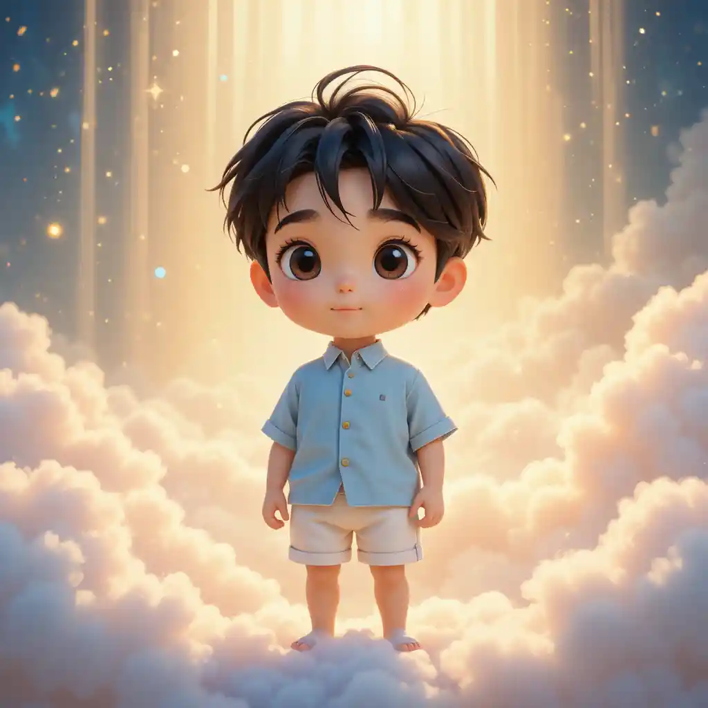 站在發光雲朵上的可愛3D卡通男孩
