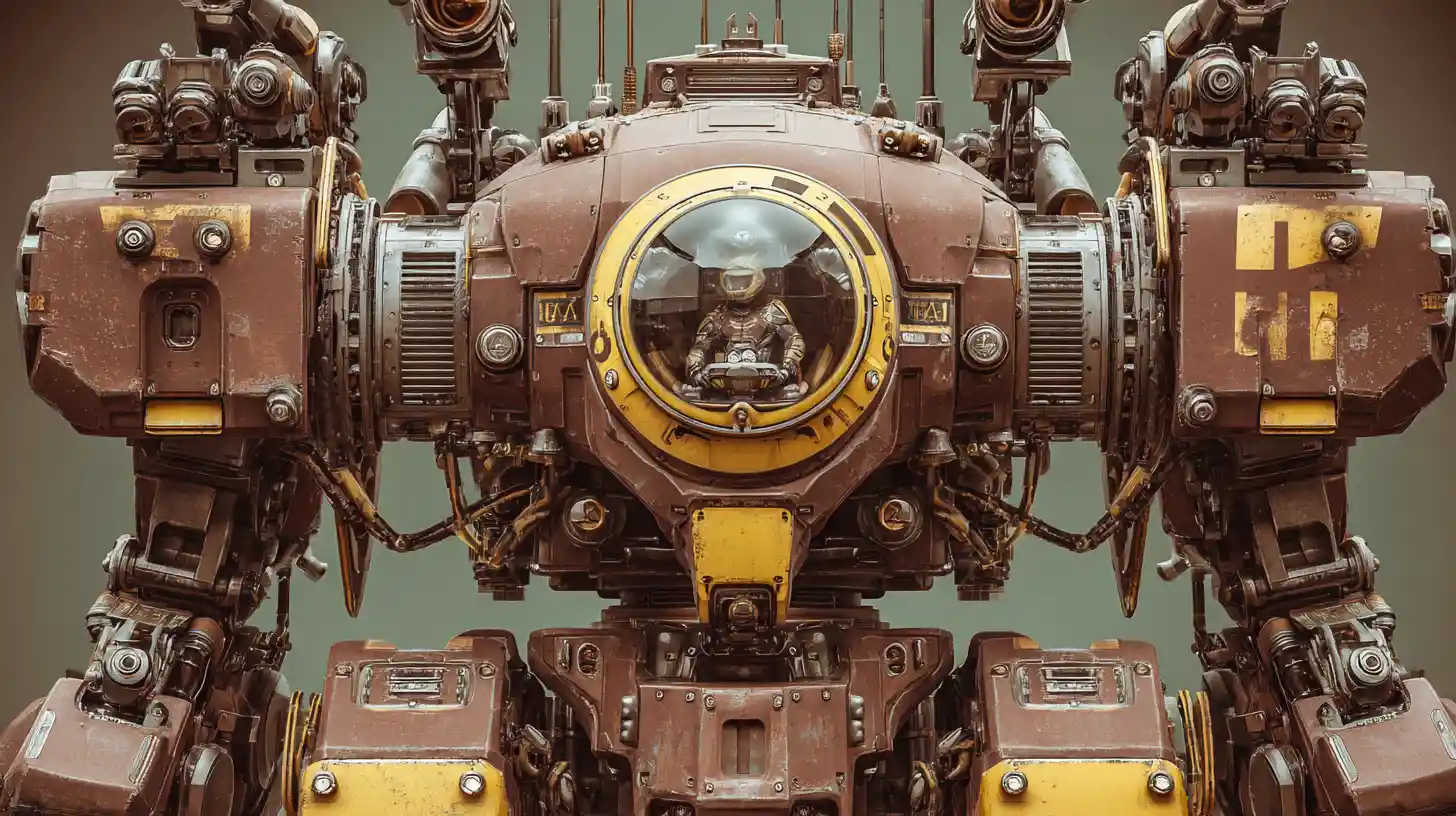 Schwer gepanzerter Mech mit Kanonen und sichtbarem Piloten