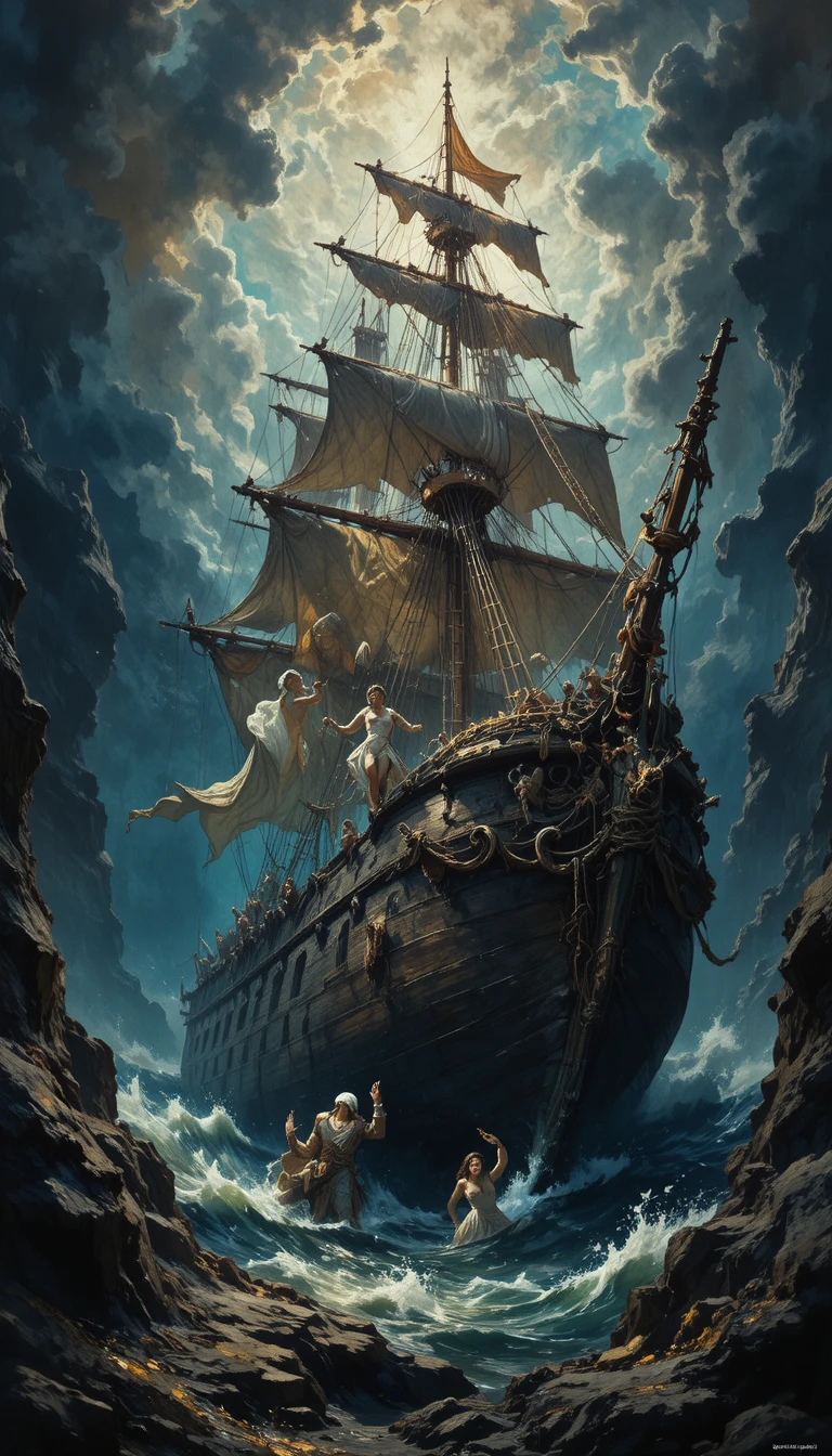 Épave de navire pirate reposant sur le fond obscur de l’océan