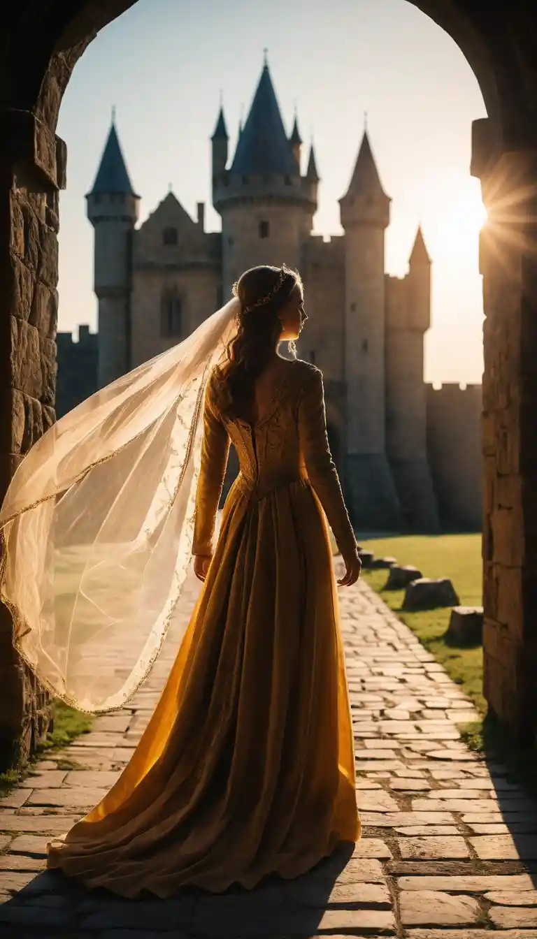 Silhouette Of A Medieval Queen Walking Toward Sunset