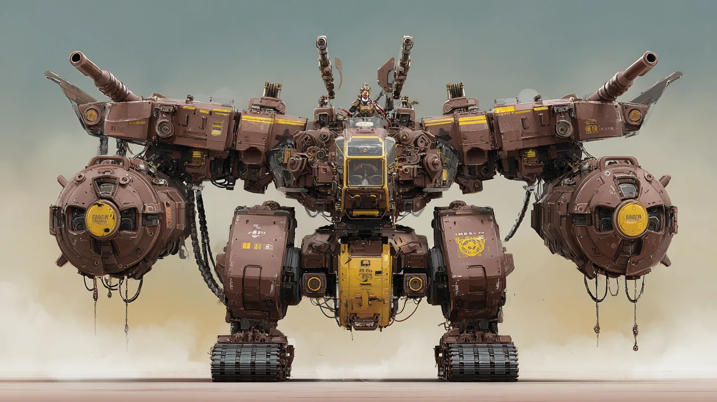 Schwer gepanzerter Mech mit Kanonen und sichtbarem Pilotencockpit