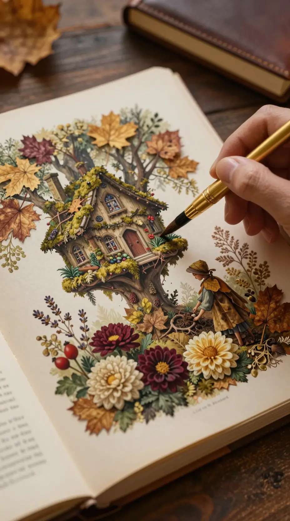 手在植物學書上作畫的特寫靜物