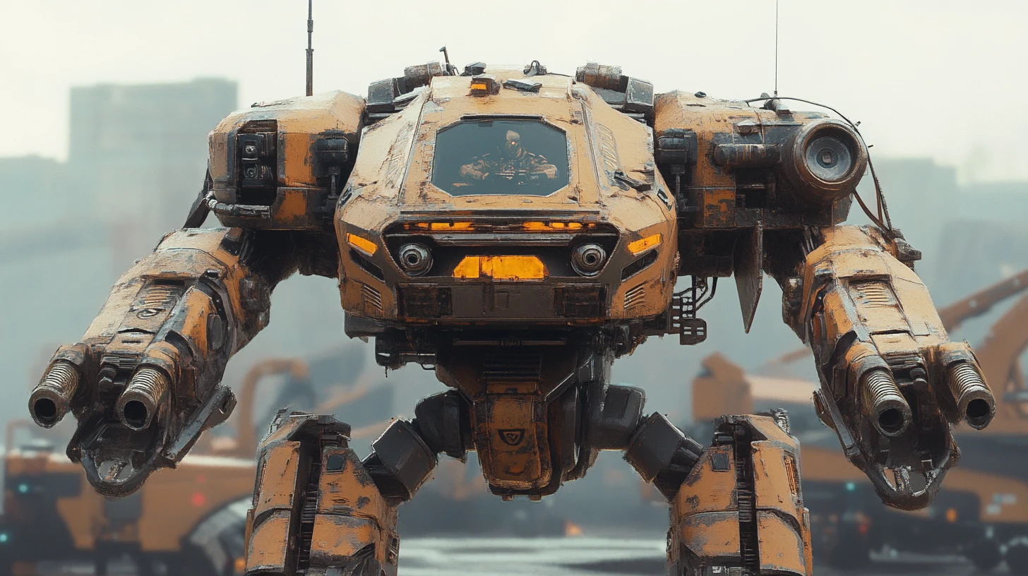 Heavily armored brown mech with cannons and cockpit window