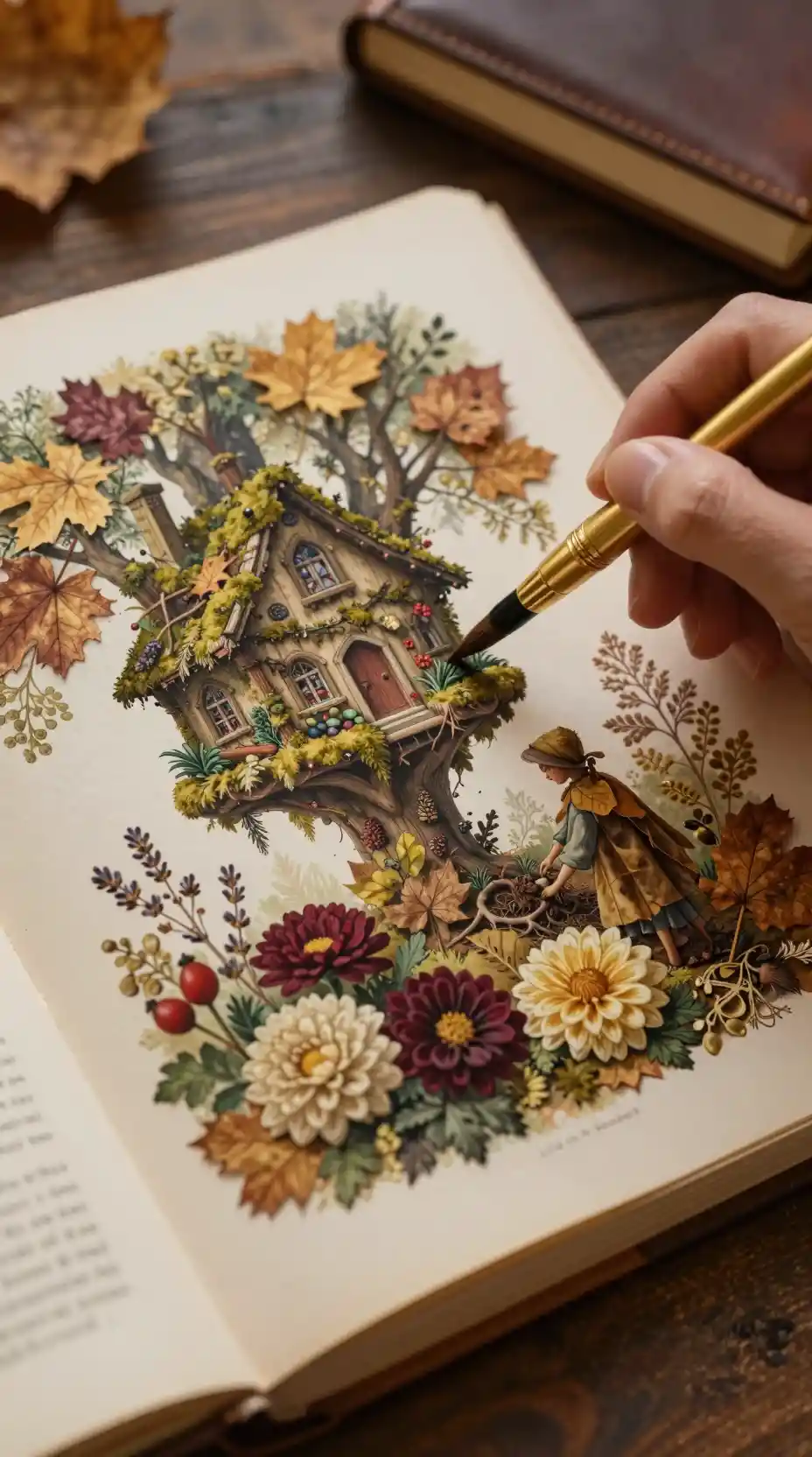 Close-up-Stillleben einer Hand, die über ein botanisches Buch malt