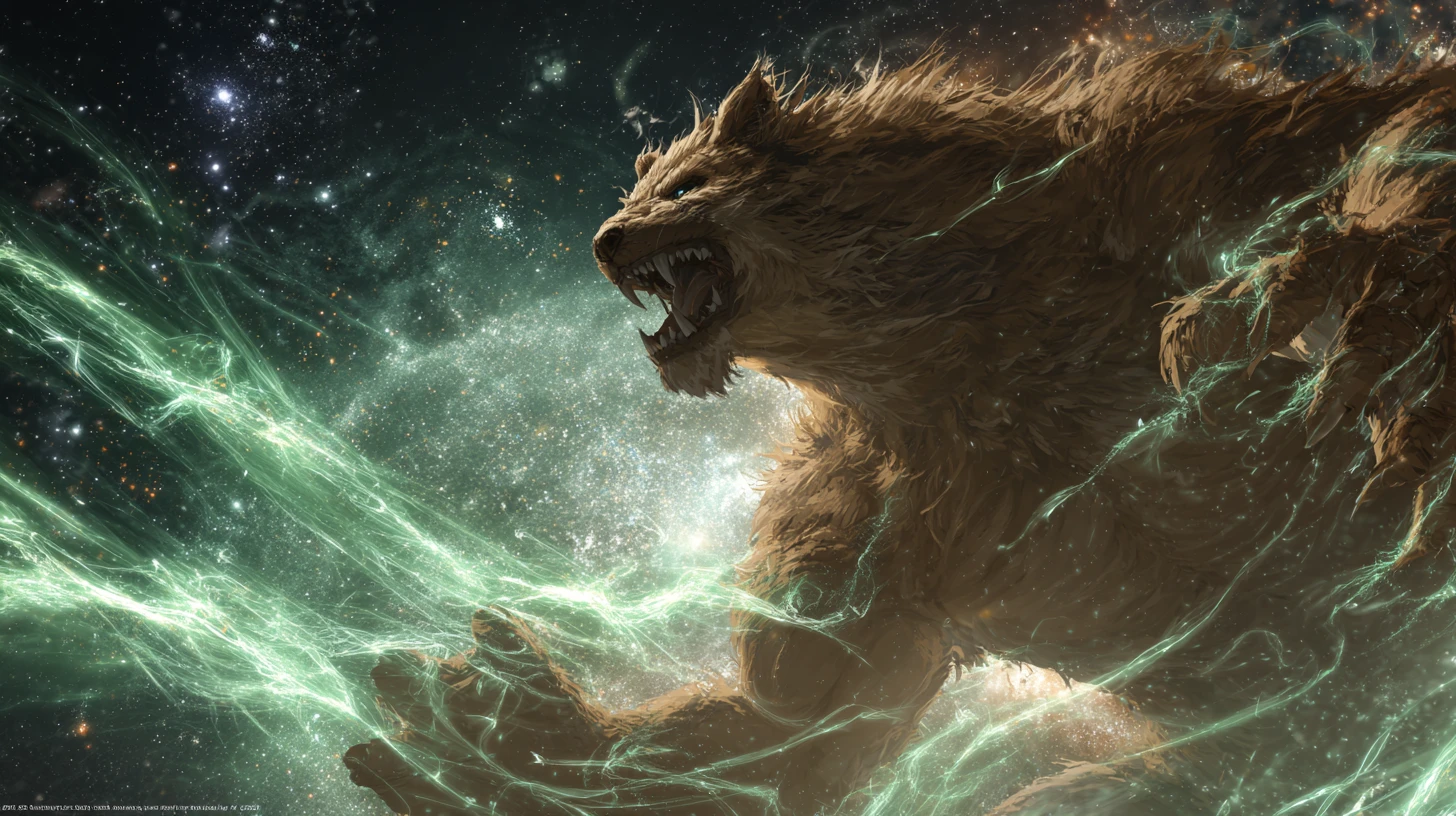 Fera de fantasia em anime explodindo com energia terrestre e cósmica