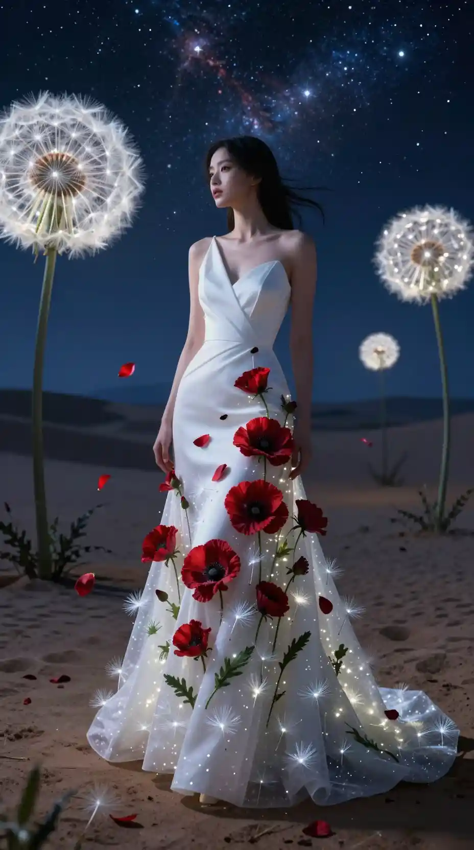 Woman in white gown amid glowing dandelion desert