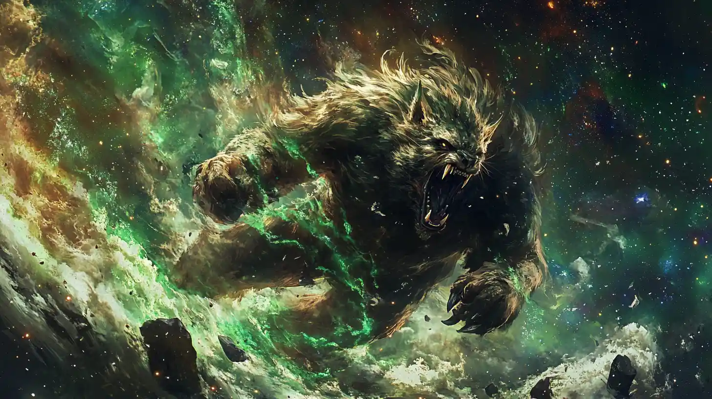 Feroce creatura fantasy che balza nel brillante vuoto cosmico
