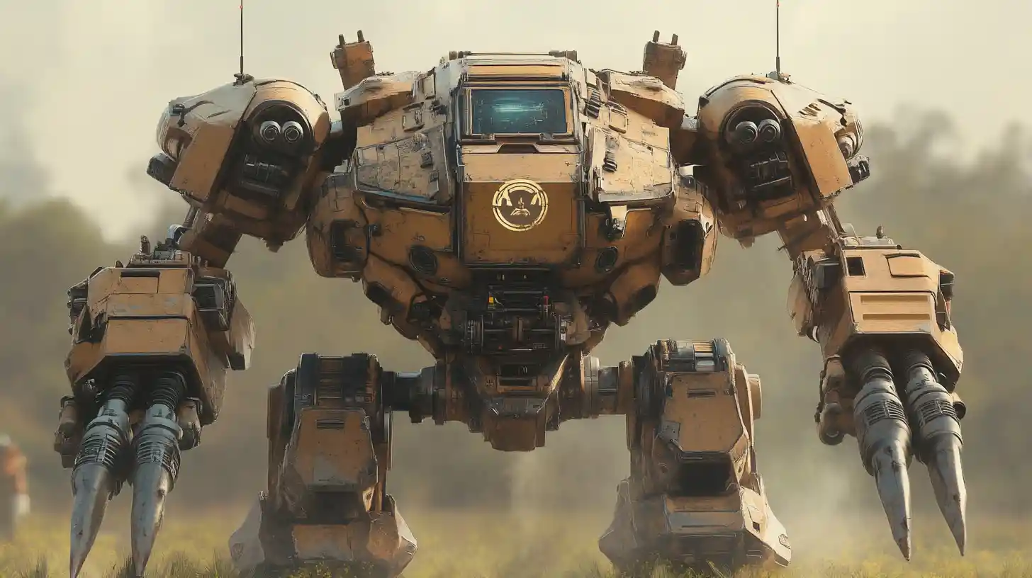 Heavily armored sci fi mech with cannons and blades