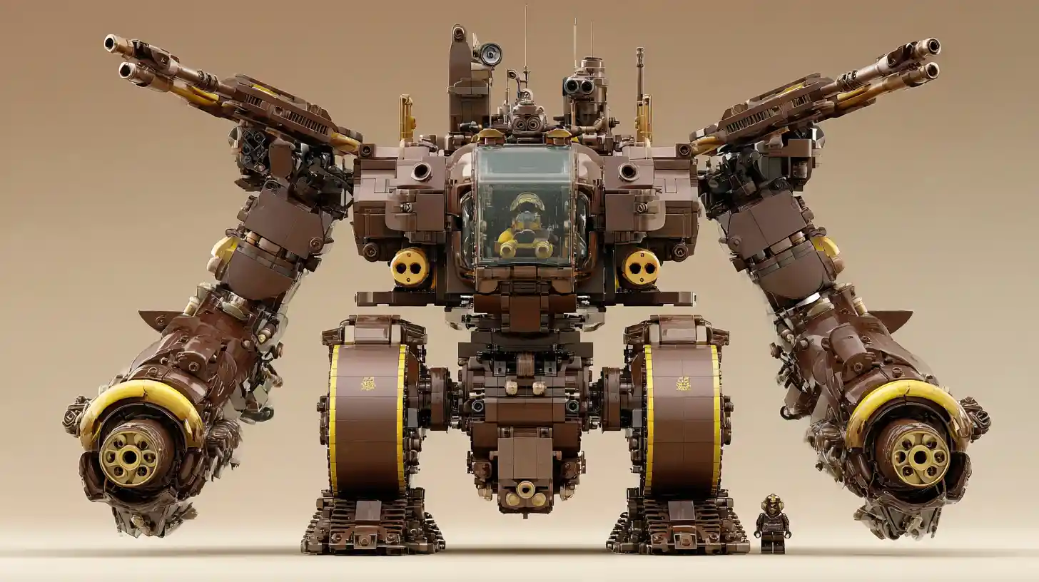 Heavily armored sci fi mech with cannons and cockpit window