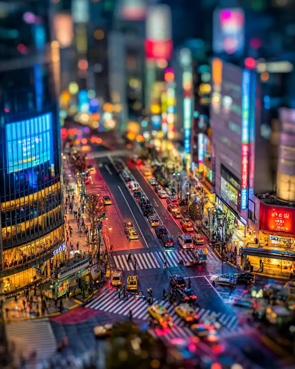 霓虹燈號誌點亮的迷你夜間城市路口