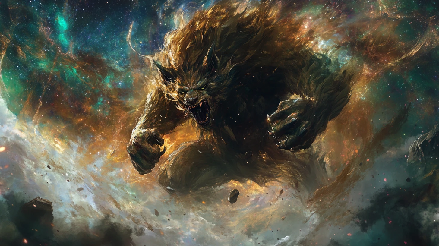 Feroce creatura fantasy in battaglia cosmica con energia luminosa