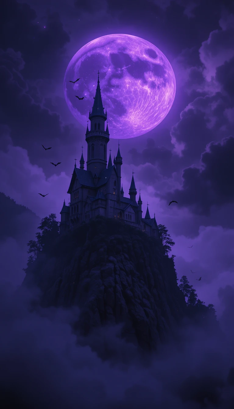 Silhueta de castelo gótico sob uma lua violeta brilhante