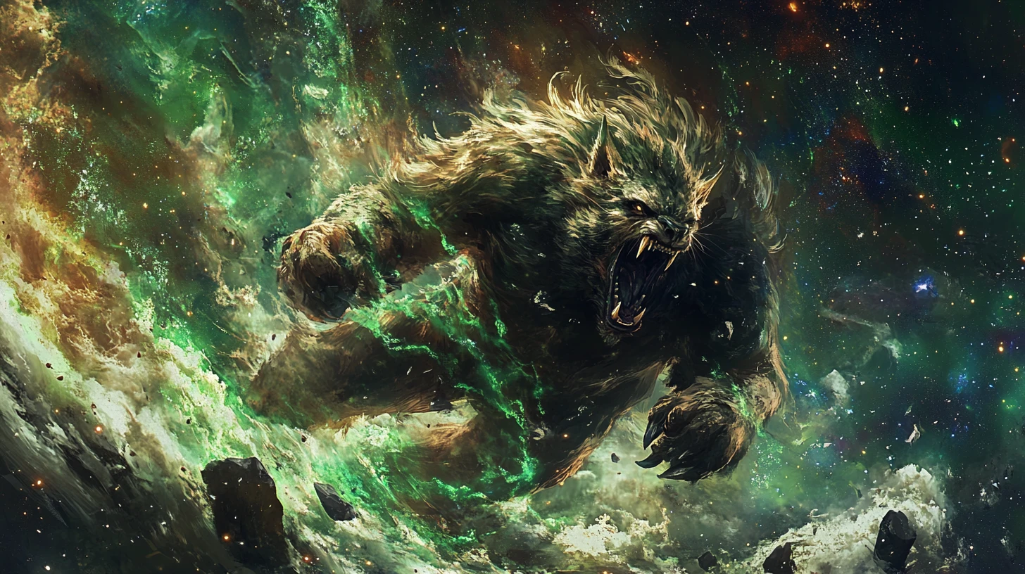 Feroce creatura fantasy che balza nel brillante vuoto cosmico