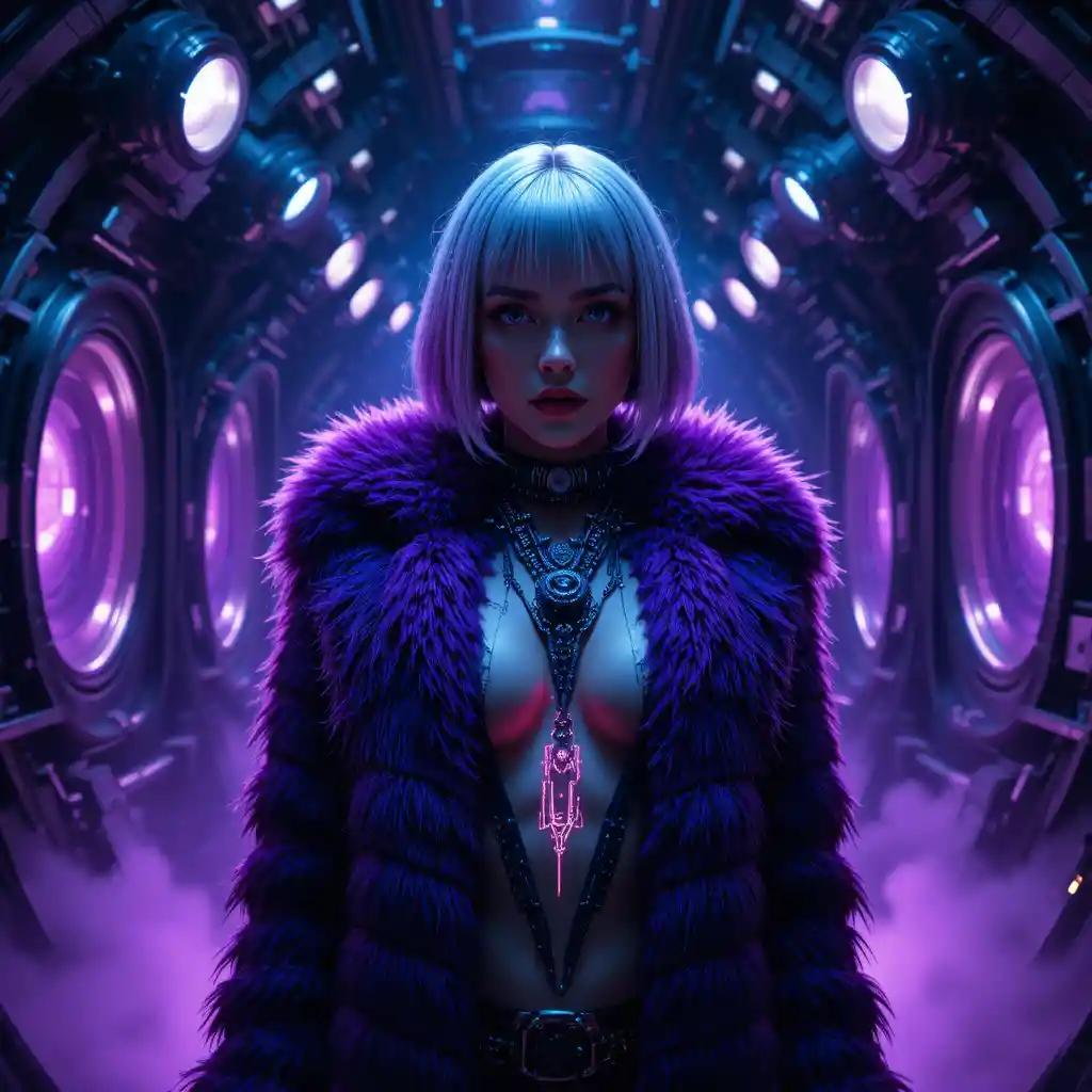 Cyberpunk woman in alien engine chamber portrait