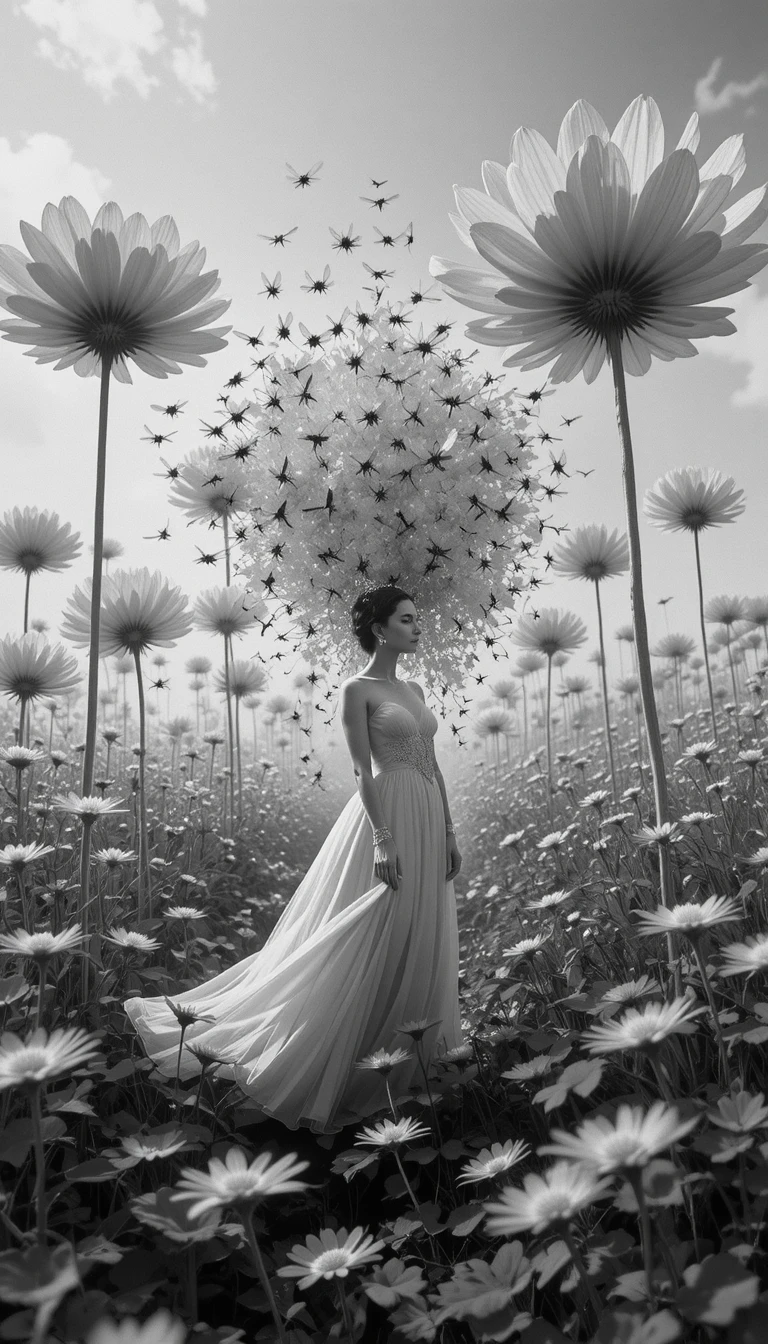 Elegant woman in dress beneath towering surreal flowers