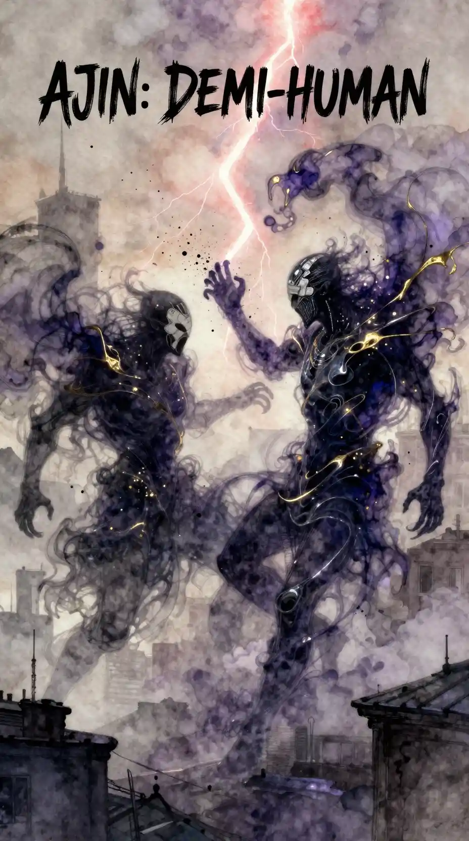 Spectral creatures clash above a misty city rooftop