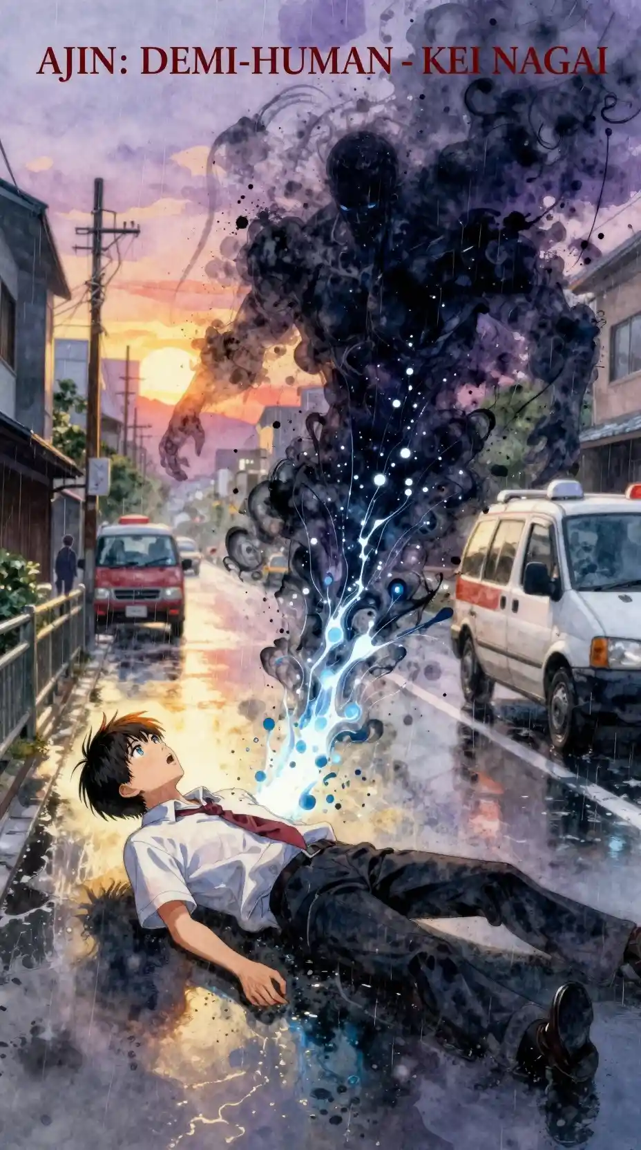 Garçon en aquarelle dans une rue japonaise sous la pluie après un accident