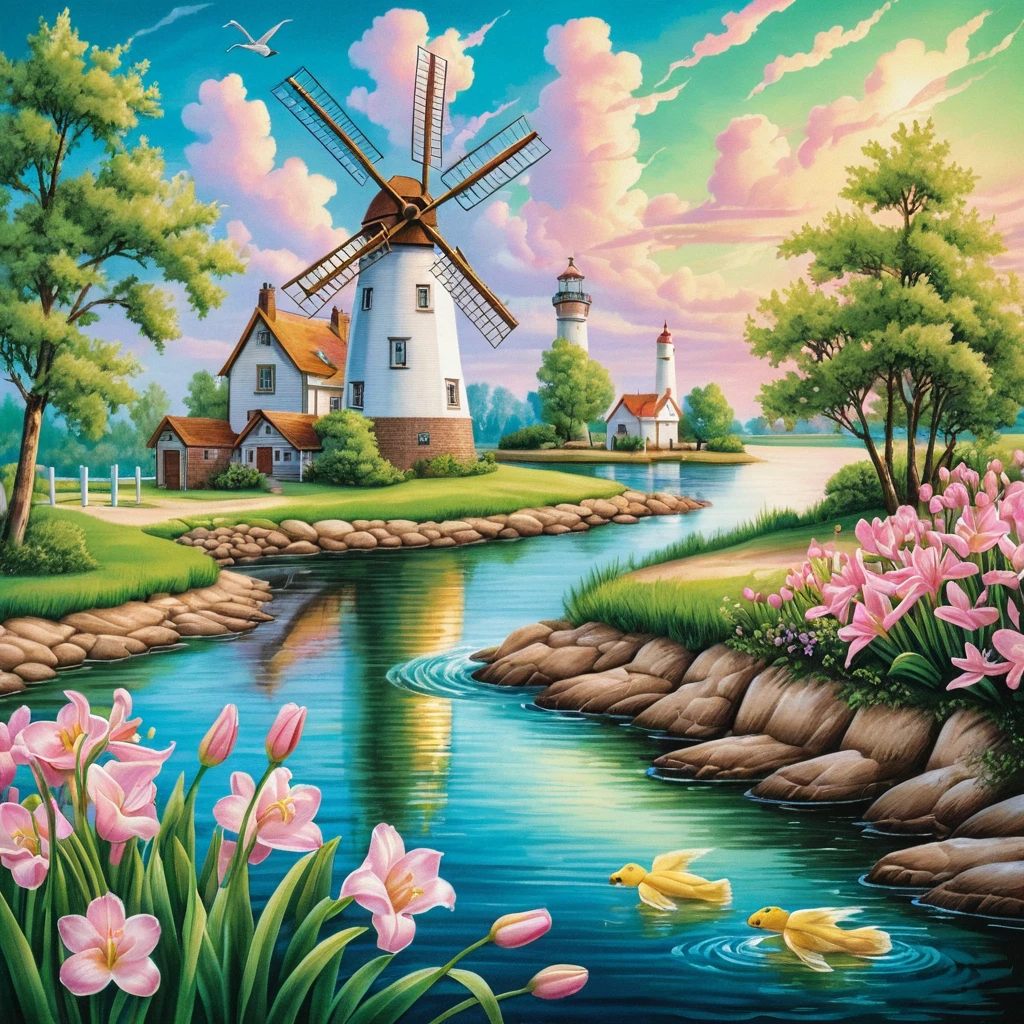Summer riverside with lighthouse windmills and pink freesias