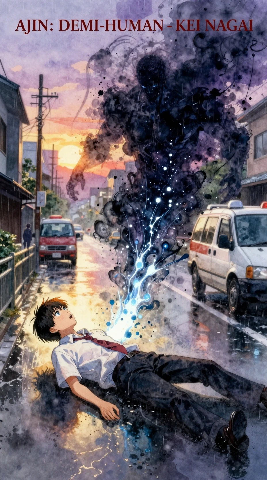 Garçon en aquarelle dans une rue japonaise sous la pluie après un accident
