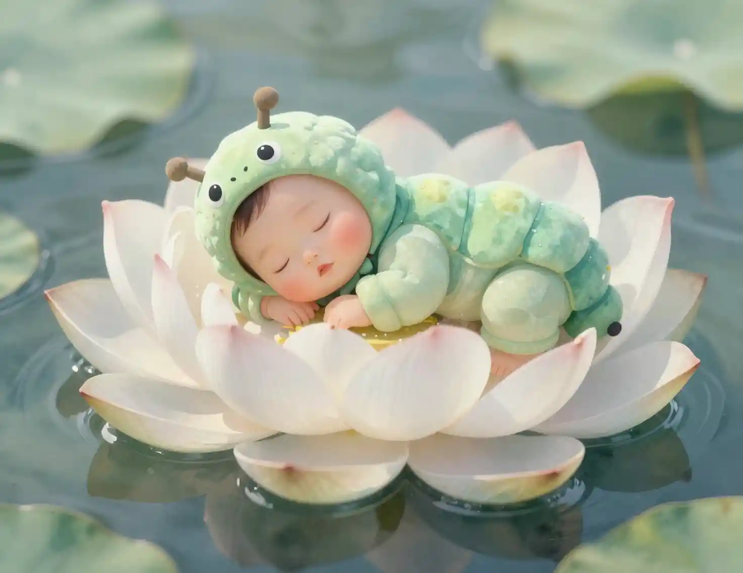 Tiny sleeping baby cradled in a white lotus bloom