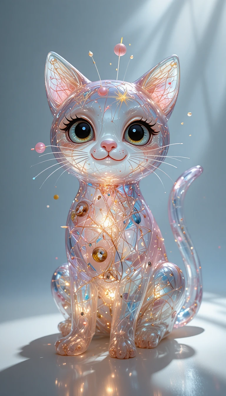 Alegre gatito de vidrio estilo caricatura brillando con suave contraluz