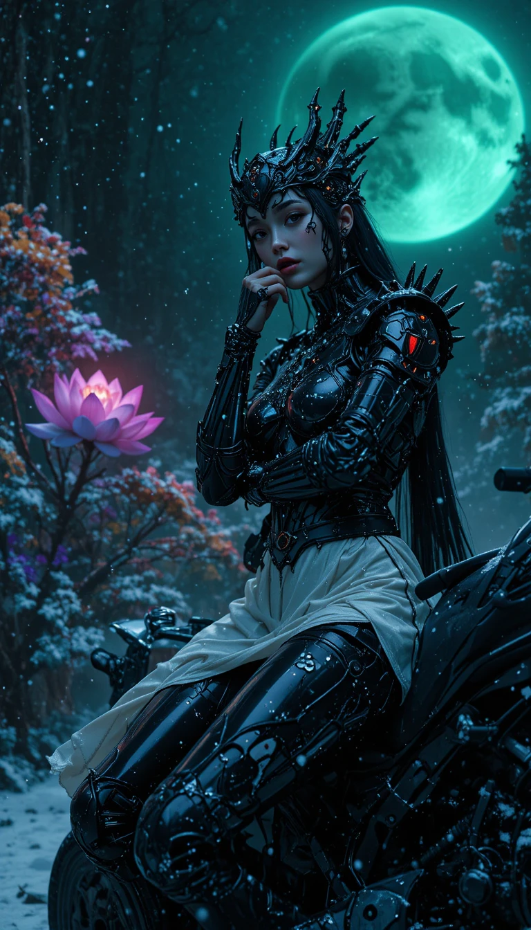 Cyberpunk katana with neon snowflakes in dark forest