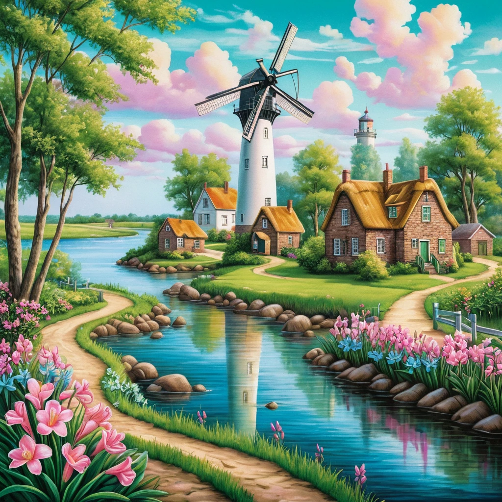 Colorful riverside lighthouse with windmills in summer