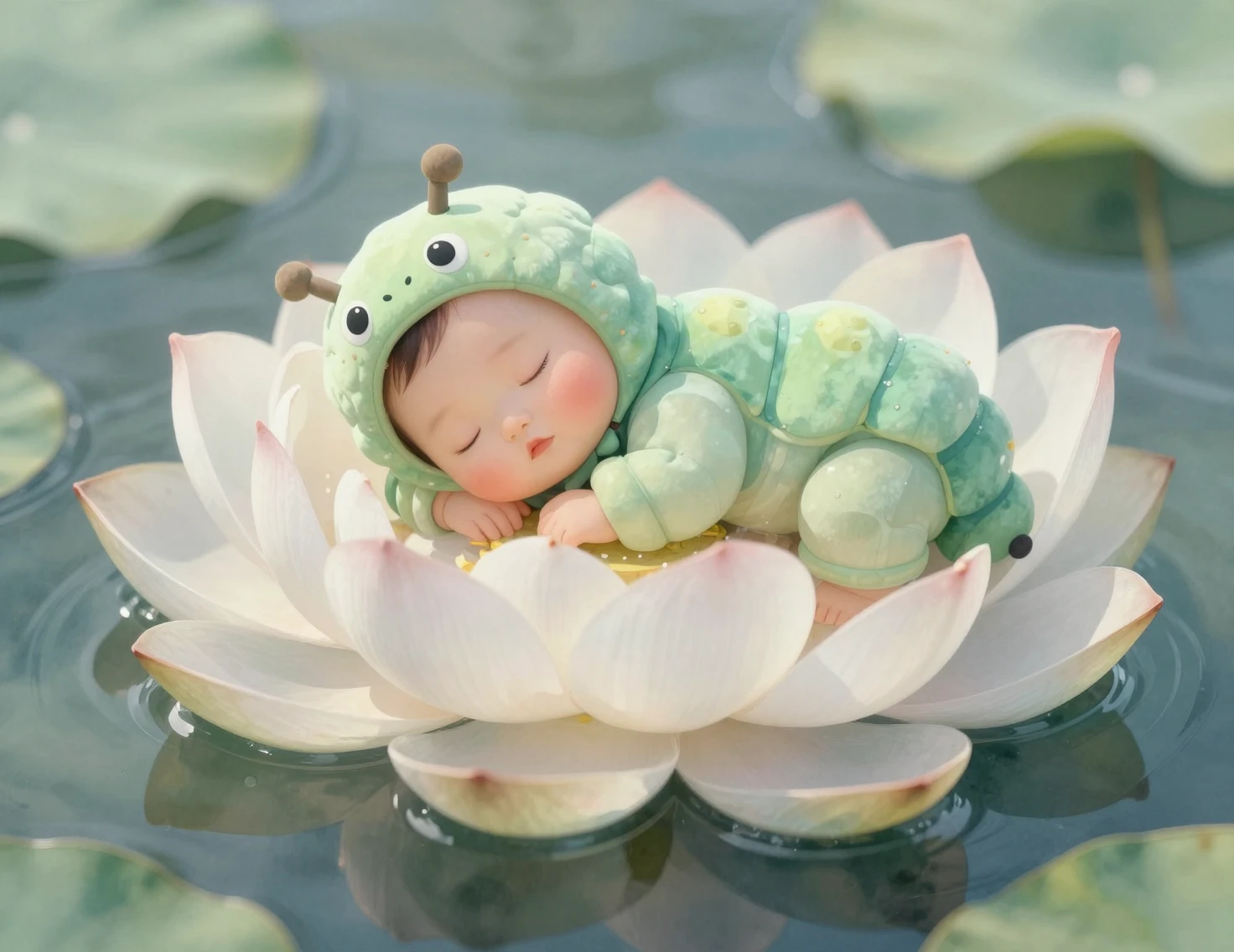 Tiny sleeping baby cradled in a white lotus bloom