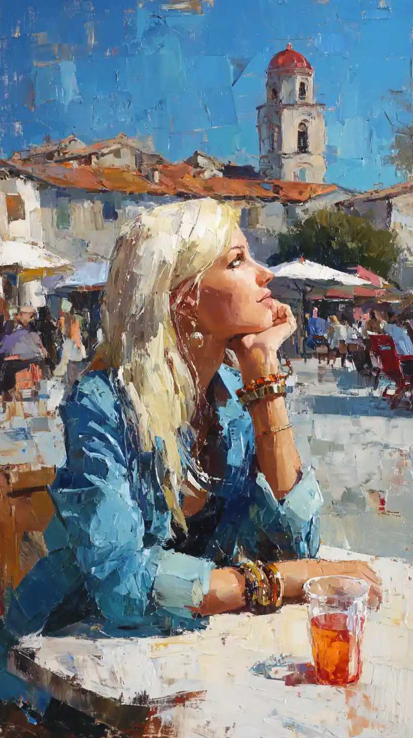 Jeune fille blonde songeuse dans un café animé sur une place de ville